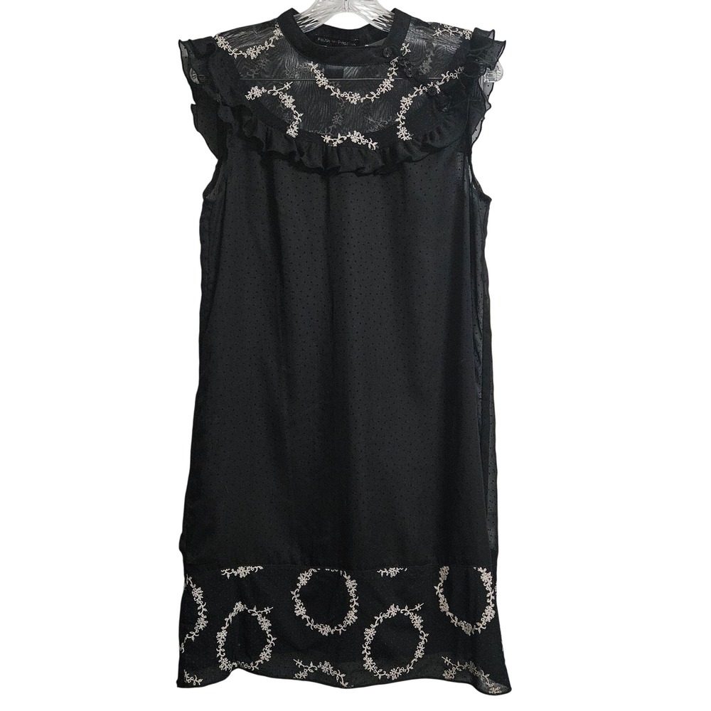 Whimsigoth Romantic Goth Sheer Sleeveless Dress Women M Black Swiss Dot Ruffle